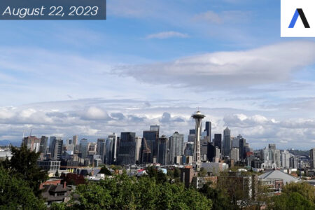 In this April 30, 2020, file photo, the Space Needle and the Seattle skyline are shown against a blue sky as seen from Kerry Park