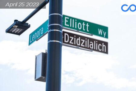 Honorary Dzidzilalich Street Sign placed under the Elliot street sign in Seattle waterfront.