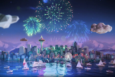An illustrated view of the Seattle skyline during the holiday season, featuring a boat parade with festive holiday lights, a lighted christmas tree on top of the Space Needle, and fireworks cascading across the sky.