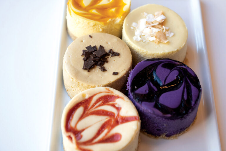 Colorful mini cheesecakes on a white plate