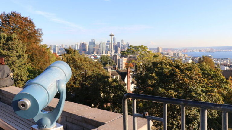 a light blue viewfinder points in the direction of the Seattle skyline, the Space Needle prominently front and center.