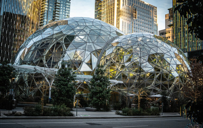 A photo of the Amazon Spheres, two large geodesic domes made of glass. The domes are set within the city, surrounded by tall buildings.