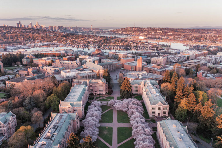 A photo of the Quad at the University of Washington showing the cherry trees in bloom and the campus filled with collegiate buildings. In the background you can see Portage Bay, Lake Union, the Seattle skyline and Puget Sound.