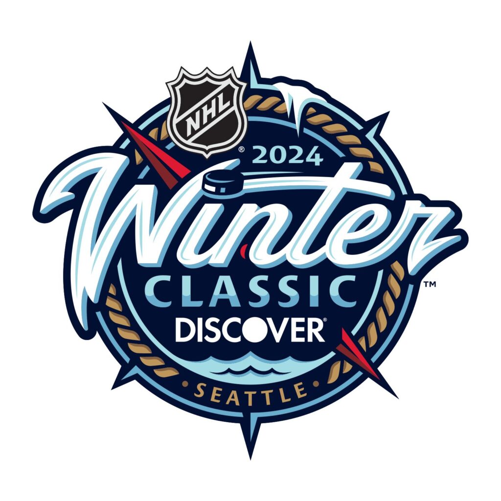 2024 NHL Winter Classic logo, sponsored by Discover, hosted in Seattle.