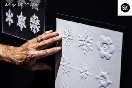 A male hand touching a white snowflake design on the wall.