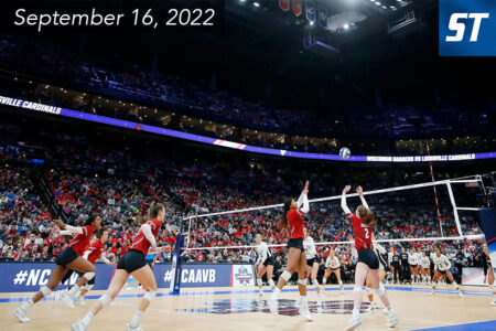 NCAA Women's Volleyball National Championship match at Nationwide Arena; Wyoming versus Nebraska with a sold out crowd.
