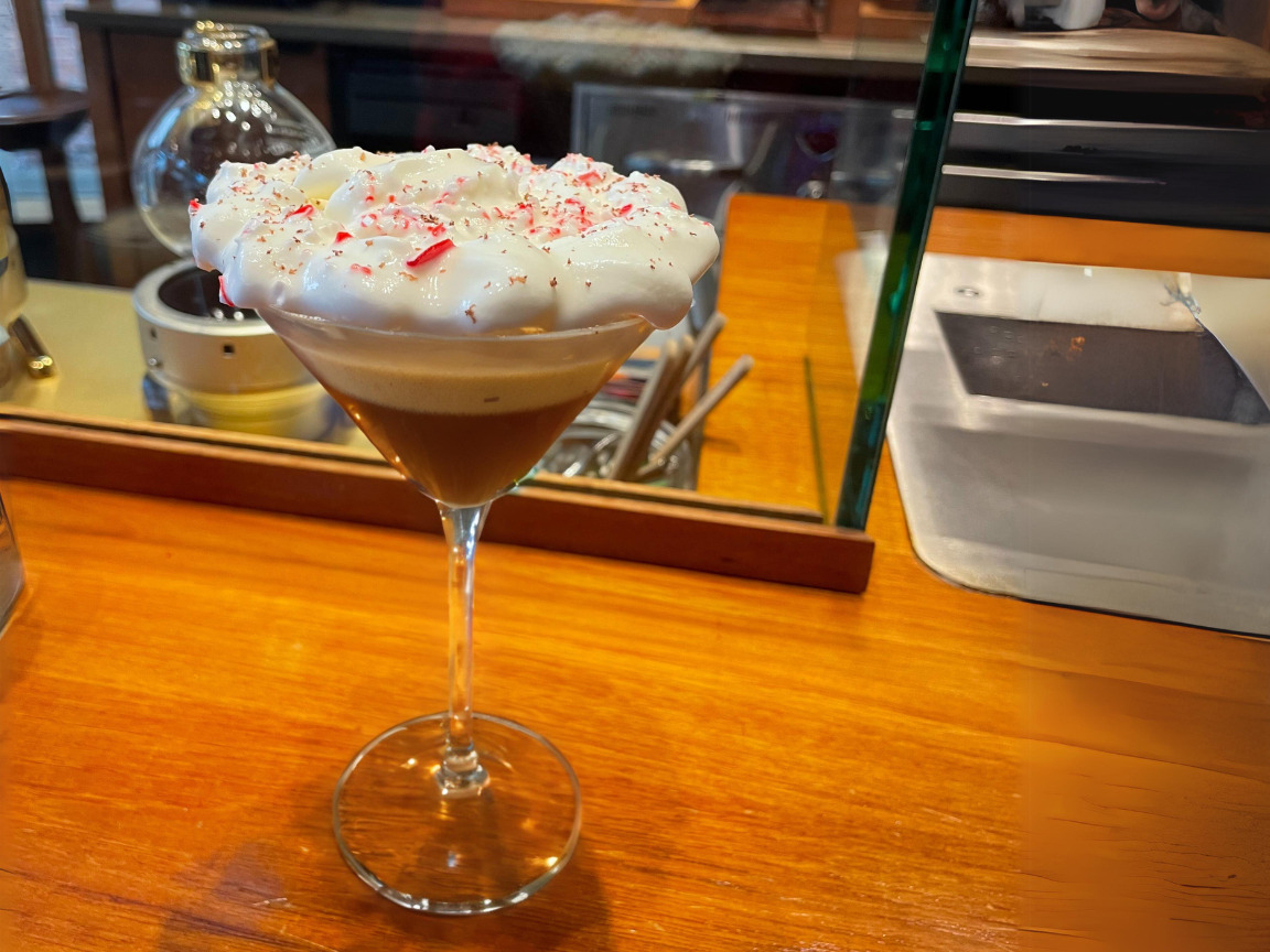 Peppermint Mocha Espresso Martini with peppermint infused whipped cream