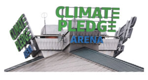 A photo illustration depicting a silver slanted metal roof with a green and blue sign that reads Climate Pledge Arena