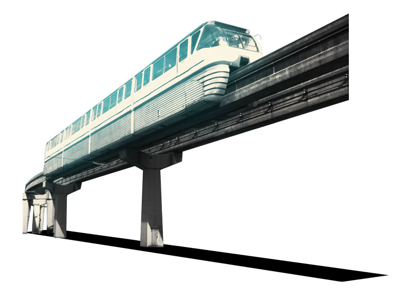 A photo illustration depicting the Seattle Center Monorail in blue on top of the grey tracks.
