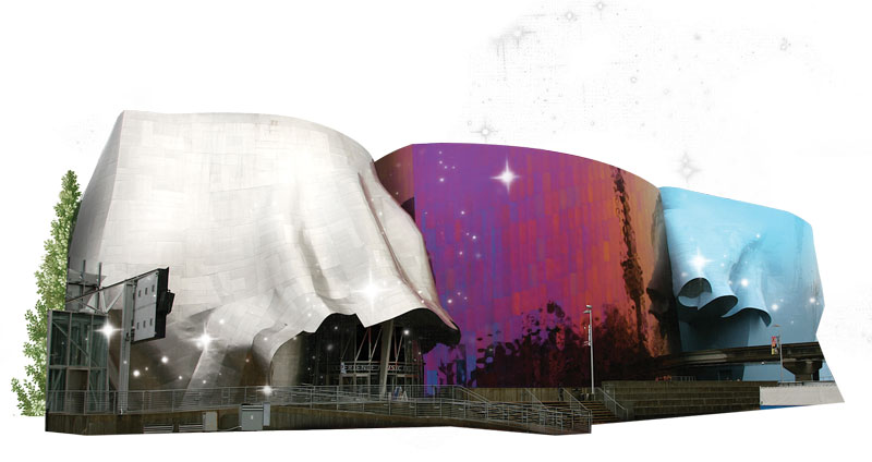 A photo illustration of MoPOP showing a silver, magenta, and blue metal building.