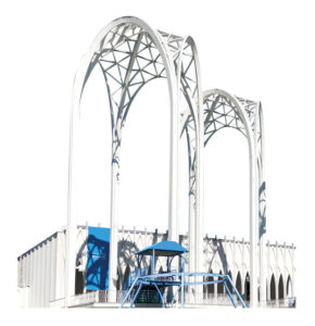 A photo illustration of Pacific Science Center showing tall white arches above a white building and blue exhibit.