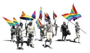 A photo illustration depicting a group of people in black and white holding rainbow colored flags.