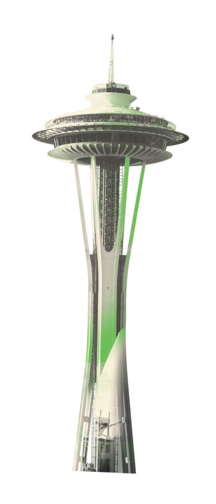 A photo illustration depicting the space needle with a green strip and accents throughout the structure.