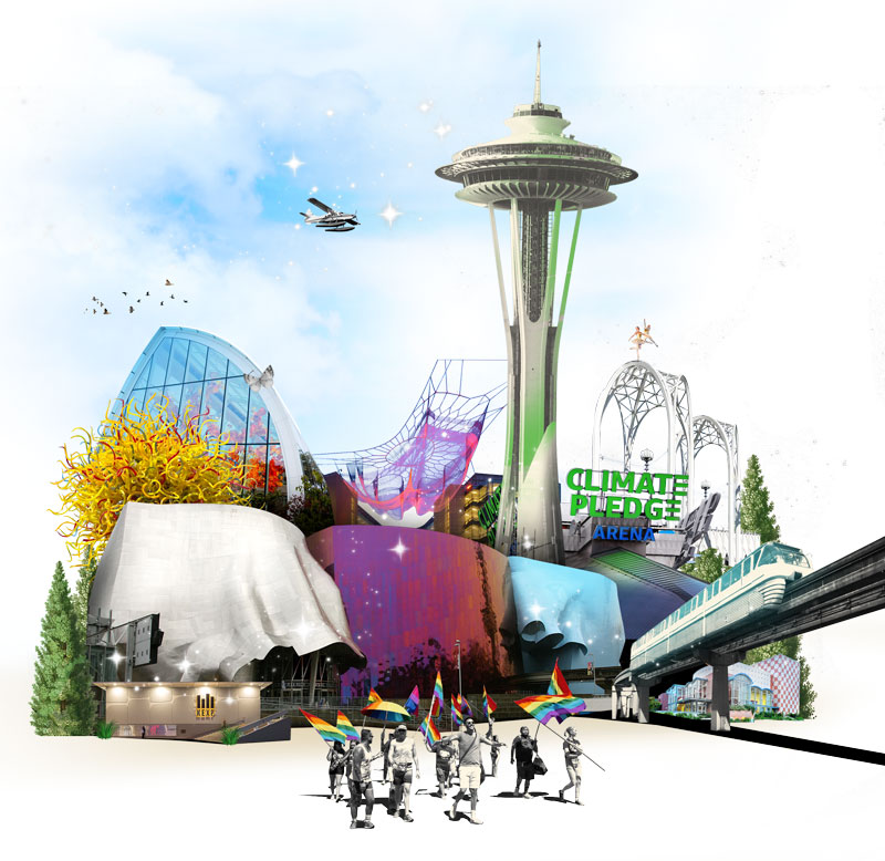 A photo illustration of Seattle Center buildings